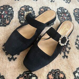 Black suede slip-on couture shoes